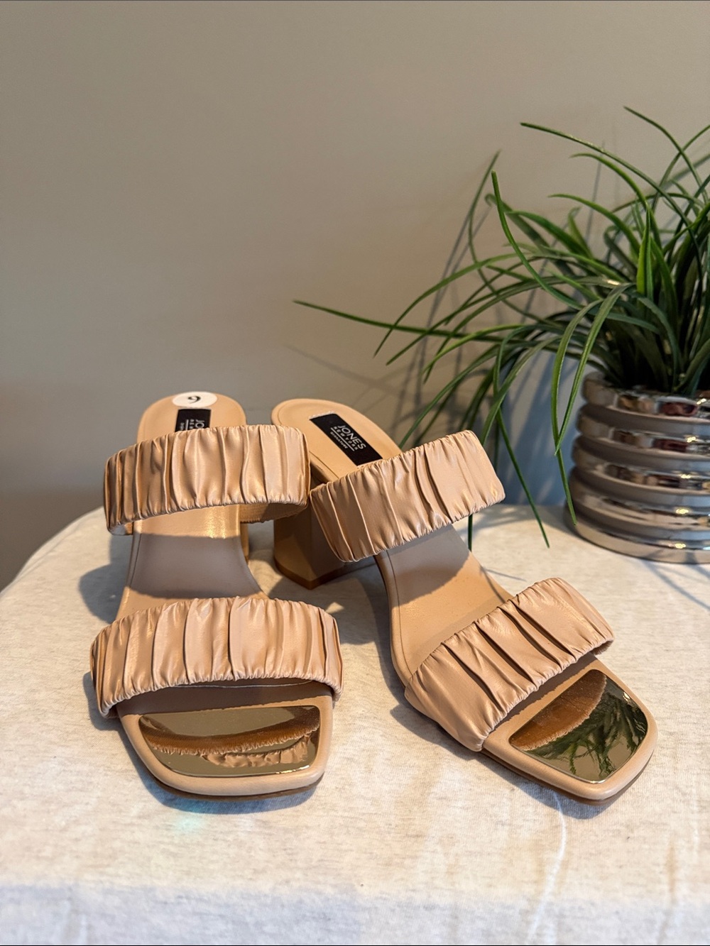 Jones New York Ruched Double-Strap Block Heel Sandals in Beige